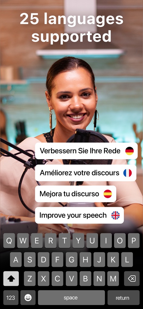 Auto Captions: Video Subtitles - 이 도구는 "Improve your speech"와 같은 문구를 독일어 및 프랑스어를 포함한 여러 언어로 번역하여 전 세계 시청자에게 콘텐츠를 제공합니다.