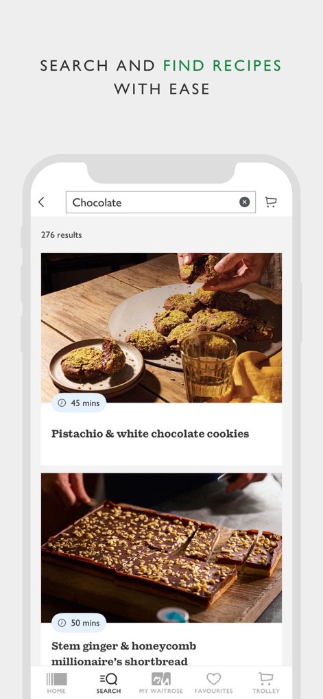 Waitrose & Partners - A interface de busca de receitas exibe resultados claros com imagens apetitosas e o tempo estimado de preparo para cada prato.