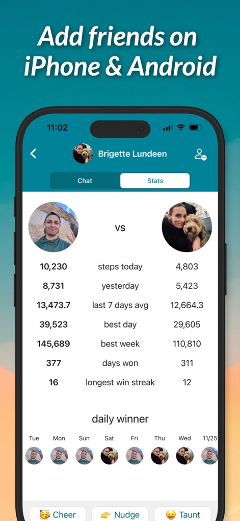 StepUp Pedometer Step Counter - This app facilitates friendly competition by displaying detailed comparative statistics between users, complemented by social interaction buttons like 'Cheer' and 'Taunt'.