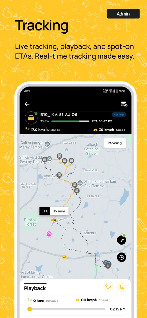 NeoTrack - School Bus Tracking - 管理者は地図上で特定のバスの現在位置とルートの移動状況を確認でき、詳細な到着予定時刻（ETA）や走行距離、速度も表示されます。