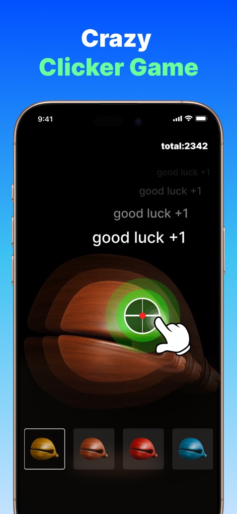 GA Auto Clicker - Users can enjoy a "Crazy Clicker Game" integrated within the app, demonstrating quick score accumulation to "total:2342" and testing the app's core clicking capabilities.