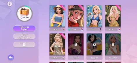 Hollywood Crush - Users can explore a vast curated wardrobe, featuring diverse "Timeless Styles" collections and special "Exclusive Sets" for unique customization options.