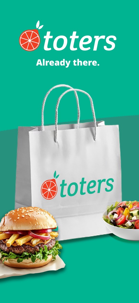 Toters توترز - La schermata iniziale evidenzia l'ampia offerta dell'app, mostrando un classico hamburger con patatine e una fresca insalata, simboleggiando la varietà di cibo disponibile per la consegna.