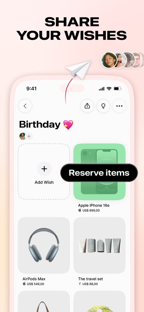 Listful - Wishlist & Shopping - The app facilitates easy sharing of wishlists with friends and family, and includes a clear 'Reserve items' prompt to prevent duplicate gifts.