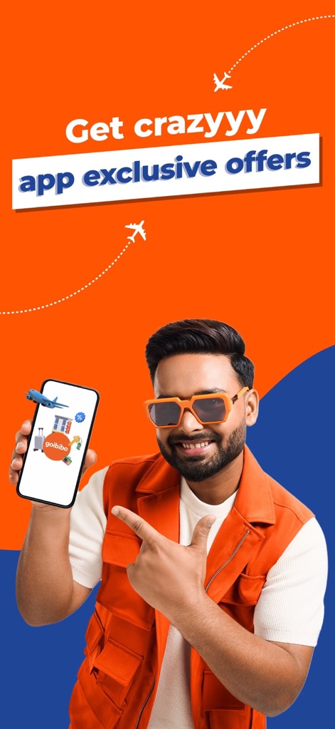 Goibibo: Flight, Hotel & Train - See how the app highlights its "crazyyy app exclusive offers" with a cheerful person pointing to the device, showcasing benefits tailored for users.