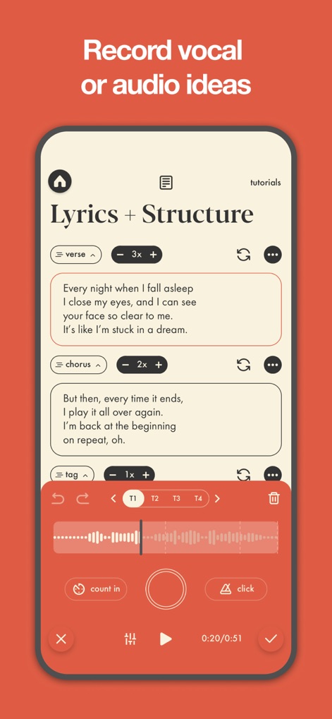Demo: Songwriting Studio - Users can capture their vocal or audio ideas using the dedicated multi-track recorder, enhanced with customizable recording options like 'count in' and 'click'.