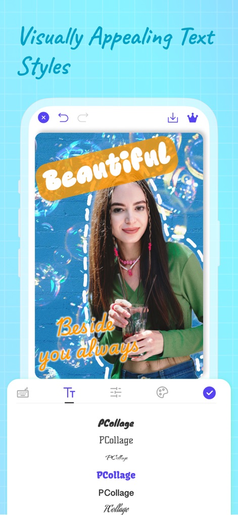 AI Photo Editor: Collage Maker - Los usuarios pueden realzar sus imágenes con textos personalizados, destacando las fuentes decorativas como "Beautiful", y seleccionar entre una amplia variedad de estilos de fuente que se muestran en el menú de edición de texto.
