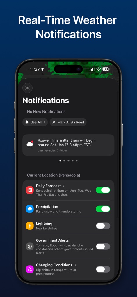 Storm Radar: Weather Tracker - The app delivers real-time notifications, allowing users to enable specific alerts for 'Precipitation' and 'Lightning' to stay informed.