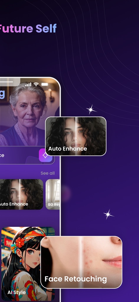 AgeLapse – Face Age Changer - This tool enables users to visualize realistic "Face Aging" transformations of an older woman and enhance image quality instantly with the "Auto Enhance" split-screen comparison.