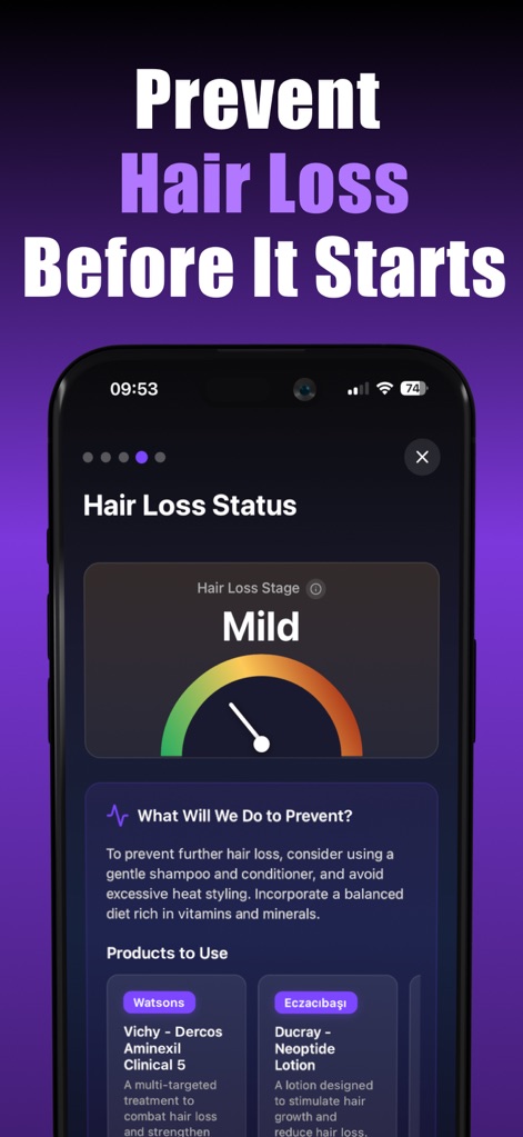AI Hair Style&Care - HairMaxx - Users can monitor their 'Hair Loss Status' with a clear visual gauge and receive tailored advice, including 'Products to Use' for prevention.