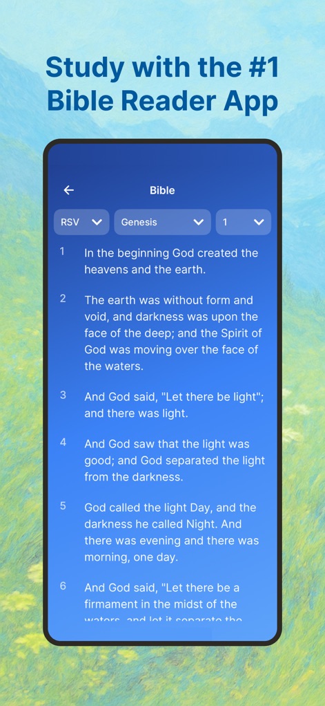 Creed: Bible Chat & Companion - The app provides a dedicated Bible reader, allowing users to effortlessly navigate scriptures and select preferred versions like RSV for in-depth study.