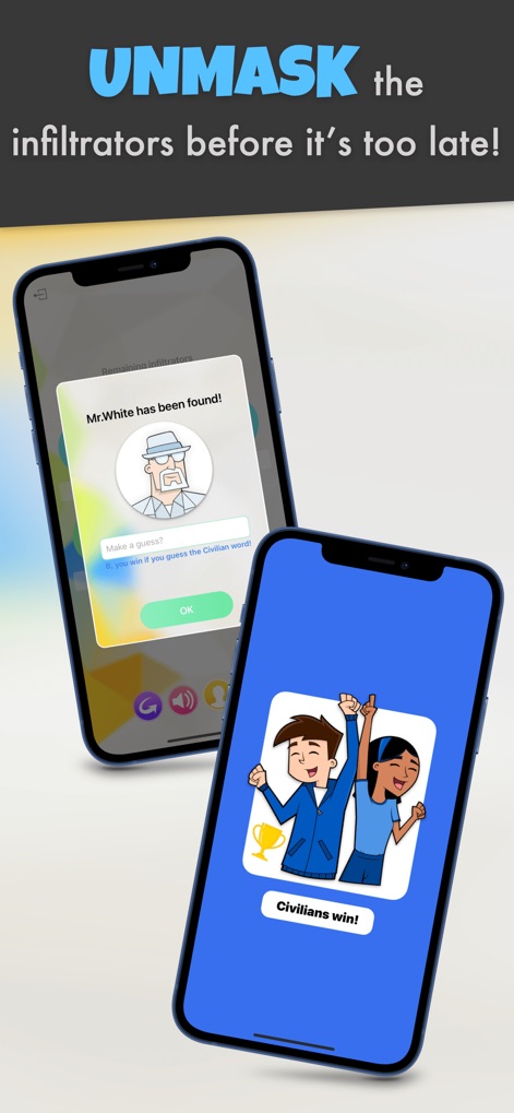 Undercover™: Word Party Game - The app intensifies gameplay with the "UNMASK the infiltrators before it's too late!" directive, revealing crucial outcomes like "Mr. White has been found!" and a triumphant "Civilians win!" screen.