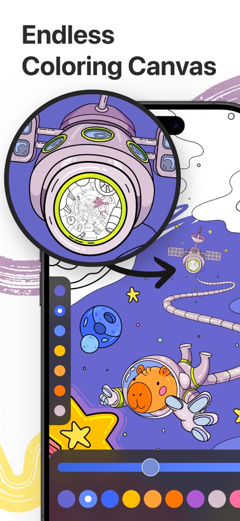 Infinity Coloring Book: Infini - L'application permet aux utilisateurs d'explorer des mondes de couleur en zoom infini, révélant des détails cachés et des palettes de couleurs ajustables.