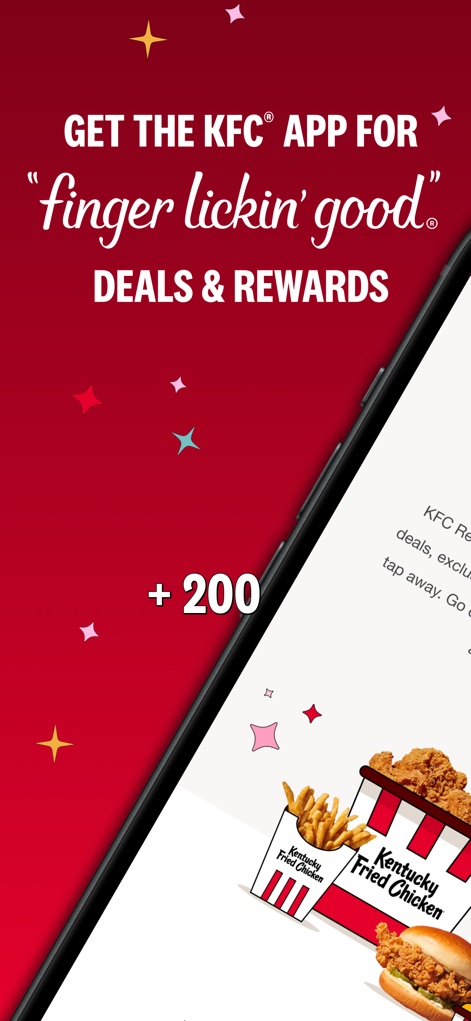 KFC US - Ordering App - The app's welcoming screen highlights its primary value proposition of 'finger lickin' good' deals and showcases popular menu items like fried chicken and sandwiches.