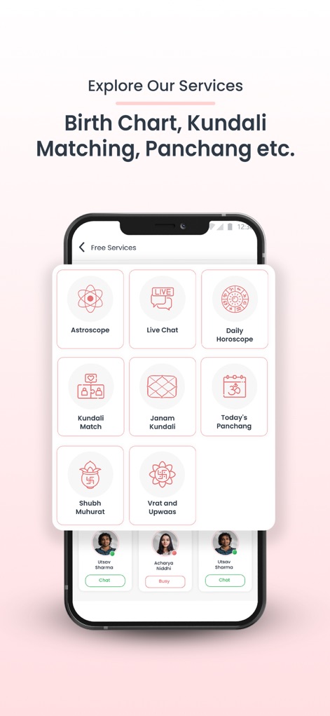 Anytime Astro Live Chat & Talk - The app presents a clear menu of services with icons for "Astroscope" and "Kundali Match," allowing users to easily access different astrological offerings.