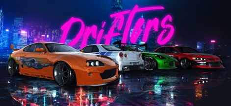 PetrolHead : Street Racing - 鮮やかなカスタムが施された4台のスポーツカーが列をなし、背景のきらめく都市の光とピンクのネオンロゴ「Drifters」が、エキサイティングなストリートレースの世界を予感させます。