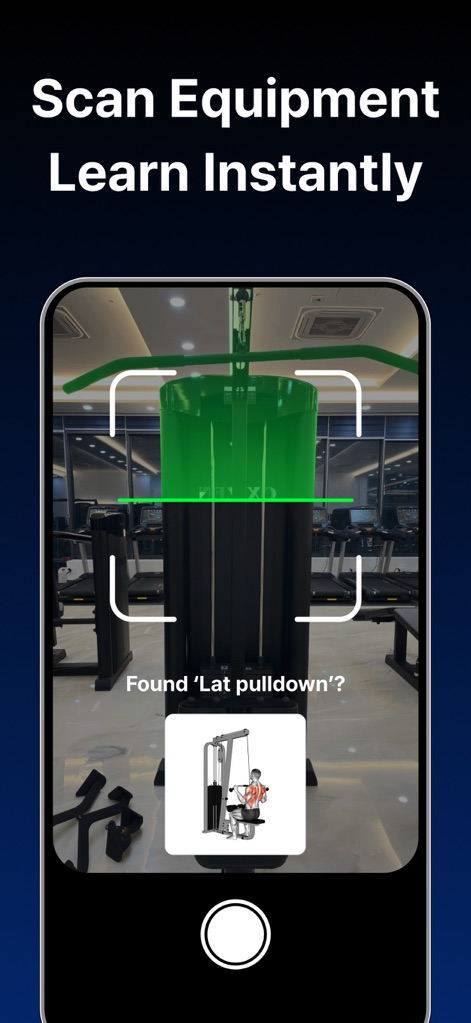 Gymwork: Workout Tracker Log - Users can utilize the intelligent "Scan Equipment" feature to instantly identify gym machines, such as the "Lat pulldown," and receive immediate information about the exercise.