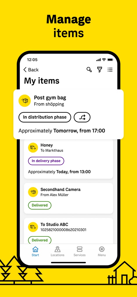Post - Parcel Tracking App - The "My items" screen provides at-a-glance status updates like "In distribution phase" and includes an intuitive redirect icon for active parcels.