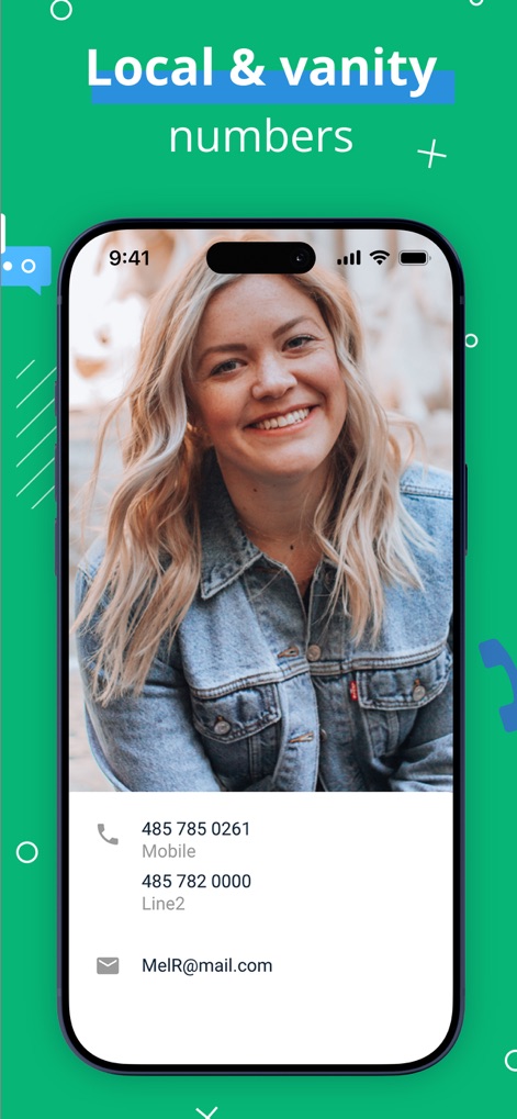 Line2 - Second Phone Number - Die App ermöglicht es Nutzern, lokale und Vanity-Telefonnummern zu erstellen, ersichtlich an der Kontaktkarte mit dem Profilbild und der klaren Unterscheidung zwischen Mobil- und Line2-Nummer im Detailbereich.