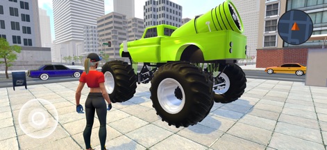 Driving School Simulator 3D - Los usuarios pueden salir del coche y moverse a pie, encontrándose con vehículos únicos como este monster truck en un vibrante entorno urbano.