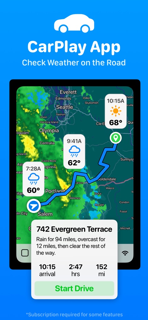 CARROT Weather: Alerts & Radar - This tool extends to the CarPlay interface, offering drivers essential weather details during navigation and a comprehensive trip forecast summary.