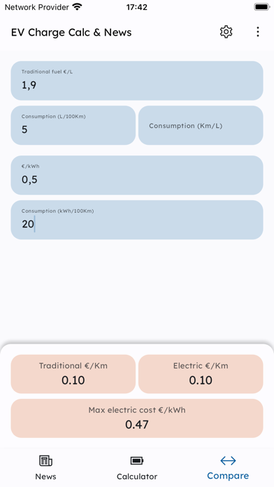 EV Charge Calculator and News Screenshot