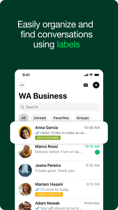 WhatsApp Business App Store screenshot 5, headline “Easily organize and find conversations using labels”. A person in the picture.