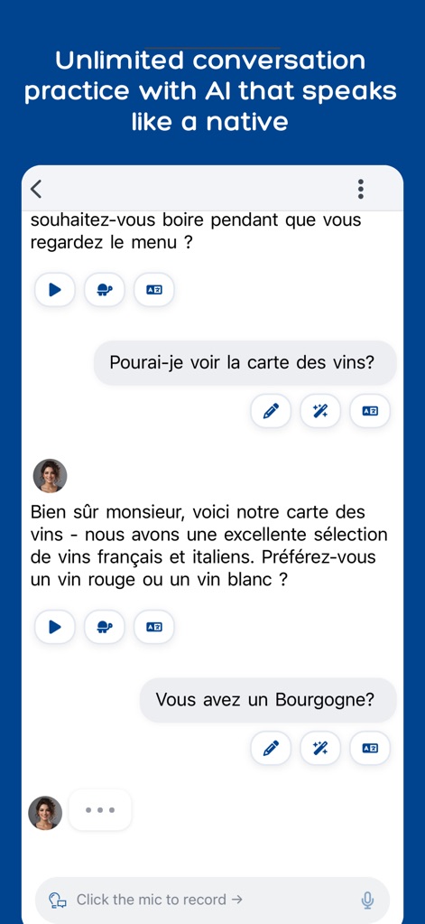 Langua: AI language learning - L'application permet une pratique illimitée grâce à des dialogues fluides avec des personnages IA réalistes, où les utilisateurs peuvent interagir vocalement via le microphone et recevoir des réponses authentiques.