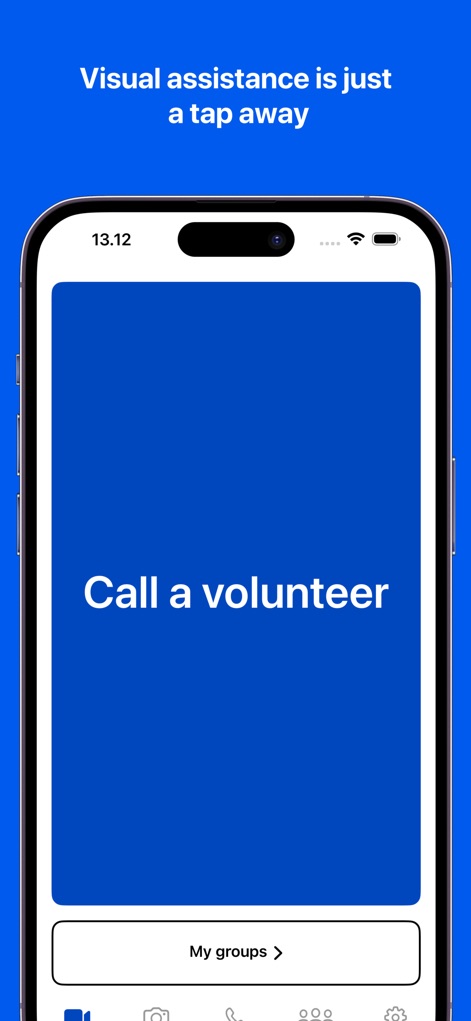 Be My Eyes - This screen highlights the immediate availability of assistance through the prominent 'Call a volunteer' prompt, complemented by the user-friendly bottom navigation bar for accessing features like 'My groups'.