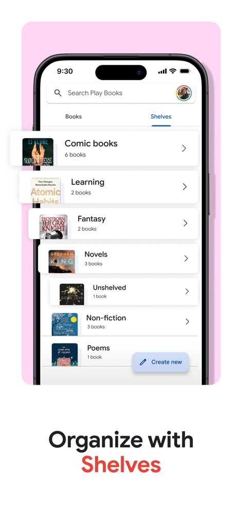 Google Play Books & Audiobooks - L'application permet une gestion simplifiée de votre collection numérique grâce à des étagères personnalisées et une catégorisation intelligente par genre ou thème.
