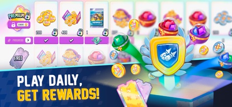 Jetpack Joyride Racing - Il sistema di progressione dell'app premia gli utenti, come evidenziato dalla schermata che mostra pile di monete e gemme colorate e uno scudo con un emblema alato che simboleggia le ricompense premium.