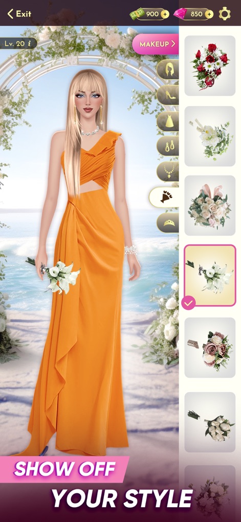Wedding Stylist: Dress Up Game - Gli utenti possono mostrare la propria creatività con un elegante abito da sera arancione e scegliere tra una varietà di bouquet floreali, ideali per matrimoni a tema o eventi speciali.