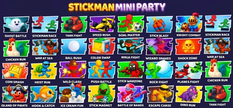 Stick Fun Party Mini Games - Esta galería revela la gran variedad de minijuegos con sus íconos coloridos y el título prominente 'Stickman Mini Party', destacando la diversidad que la aplicación ofrece.