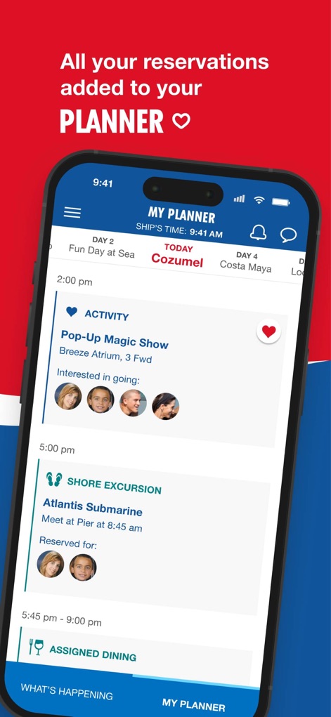 Carnival HUB - Nutzer können ihren Reiseplan effizient verwalten, indem sie geplante Ereignisse wie die „Pop-up Magic Show“ und den „Atlantis Submarine“ Landausflug auf einen Blick sehen.
