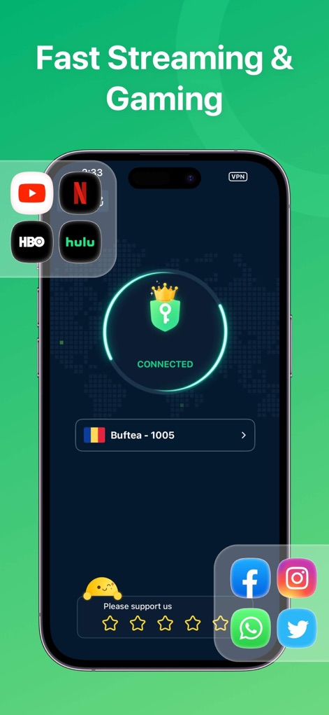 XY VPN - Secure Your Network - This tool showcases its "CONNECTED" status with a specific server location, highlighting its ability to enhance access to popular streaming and social media applications.