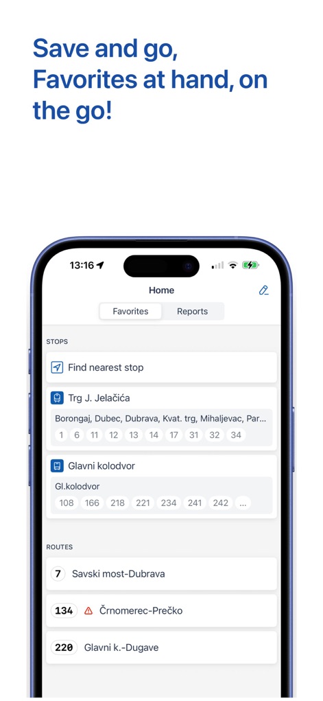 ZET info - This interface allows users to conveniently save frequently visited stations and rapidly access their preferred public transport routes for daily travel.