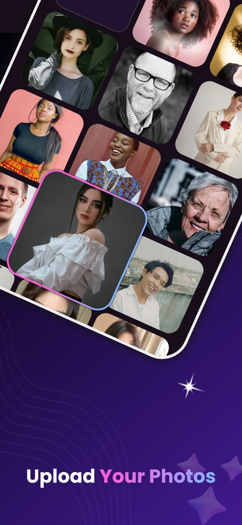 AgeLapse – Face Age Changer - The app presents a diverse "grid of faces" for inspiration, allowing users to easily "upload their photos" and explore a wide range of AI-powered transformations.