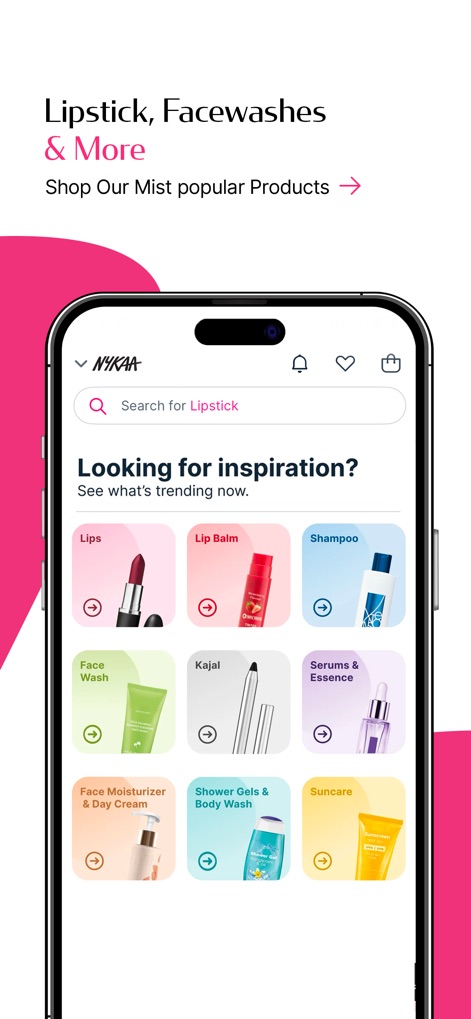 Nykaa – Makeup/Beauty Shopping - L'app guida gli utenti con una "barra di ricerca" intelligente per prodotti come il rossetto e offre una sezione "Cerca ispirazione?", presentando categorie popolari come "Lips" e "Face Wash" per facilitare la scoperta.