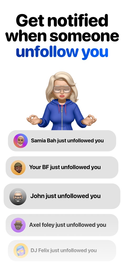 Reports+ Followers Unfollowers - The app ensures users are always informed with 'real-time notification messages' when someone unfollows them, visibly presented with the unfollower's 'profile picture' for instant recognition.