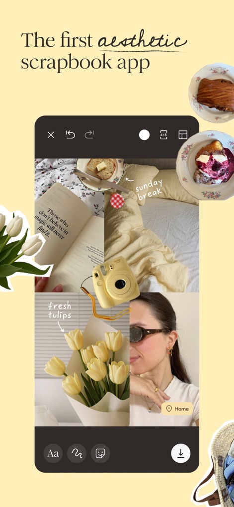 klora - scrapbook collages - Explore the app's versatile tools for creating stunning aesthetic collages, showcasing diverse photo arrangements and personalized captions such as 'sunday break'.