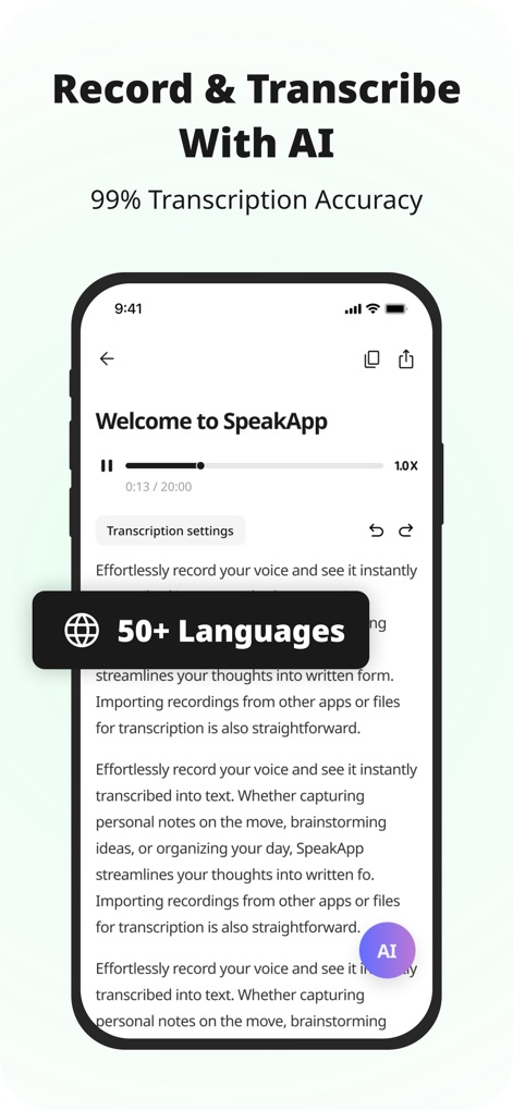 SpeakApp AI: Voice Notes - See how SpeakApp AI effortlessly records voice into text in real-time, supported by its extensive 50+ language capabilities.