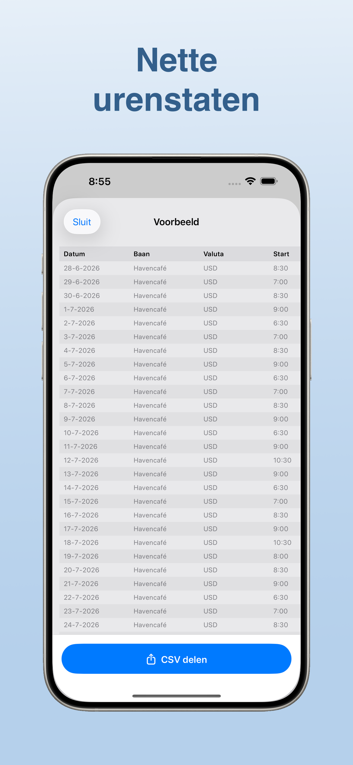 Exporteer nette timesheets