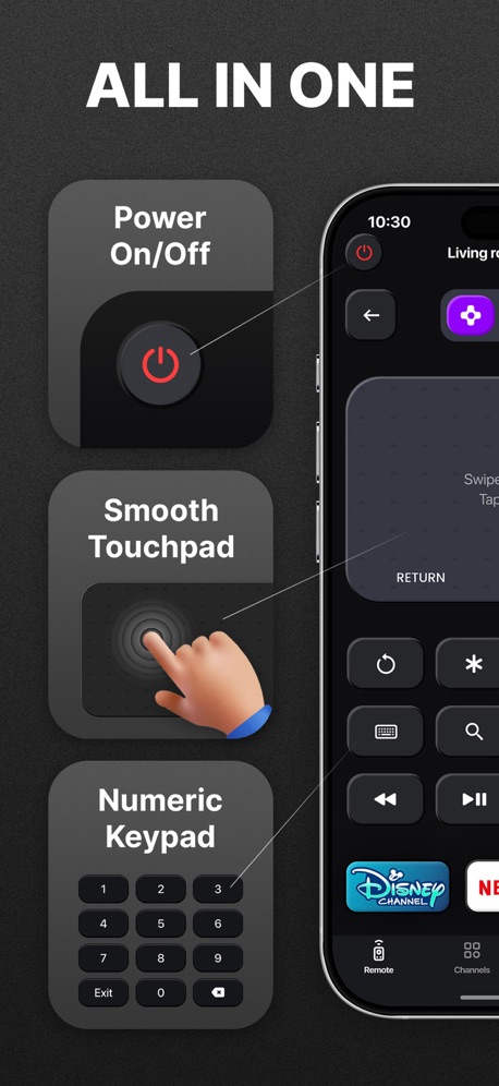 Universal Remote TV Control · App Store screenshot 2, headline “ALL IN ONE”. A hand holds the phone.