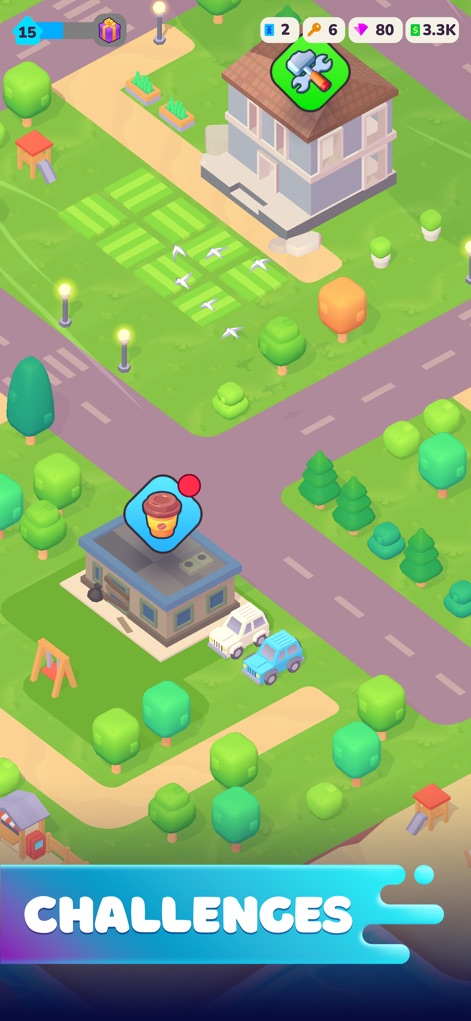 Life Dream: Build Cozy Home - O mapa-múndi revela oportunidades de expansão, com edifícios como uma casa de dois andares e um pequeno café, indicando novos projetos e tarefas.