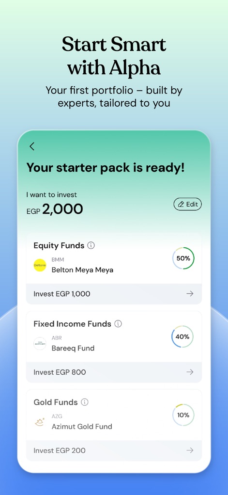 Thndr: Invest Your Money - Questo strumento permette agli utenti di definire l'ammontare desiderato per l'investimento (es. EGP 2.000) e propone una ripartizione personalizzata in fondi azionari e fondi a reddito fisso.