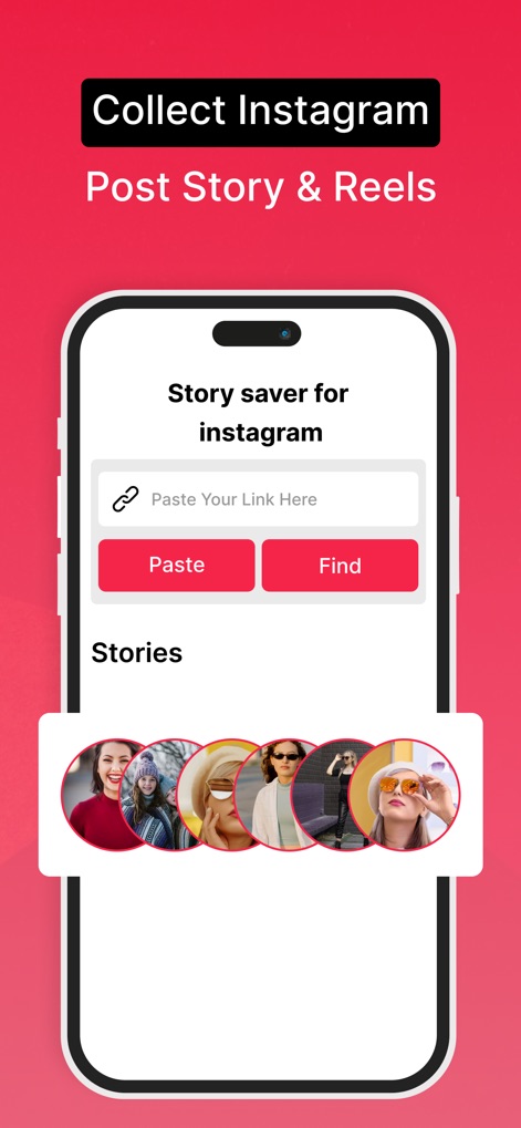 InstaSaver - Video Saver - See how the app facilitates content saving with a direct link input field and a display of recent stories from connected profiles.