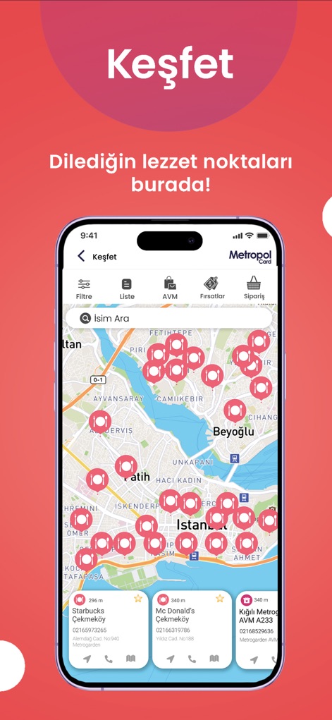 MetropolCard Kullanıcı - Navigate the app's dynamic 'Keşfet' (Discover) map interface, showcasing a multitude of merchant location pins and robust filtering options for precise searches.