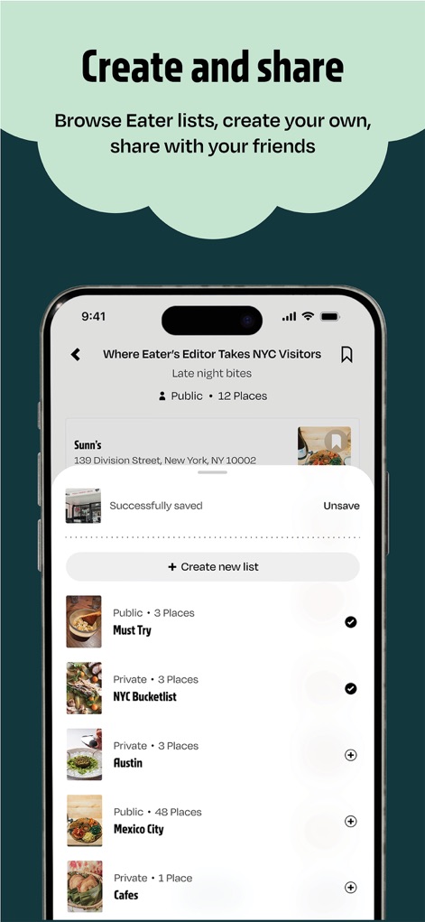 Eater - Users can effortlessly create and manage personalized restaurant lists, categorizing them as public or private, and seamlessly share their culinary discoveries.