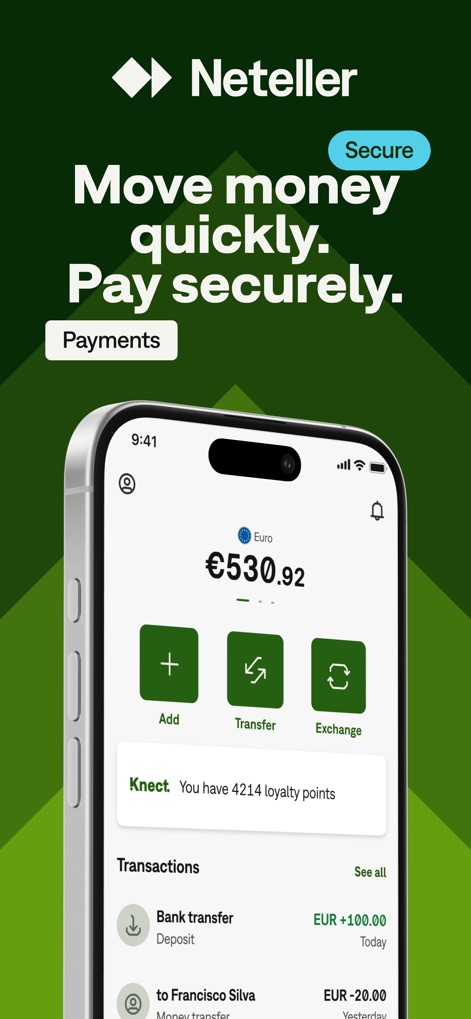 Neteller - Money Transfer - L'écran d'accueil offre une vue rapide du solde actuel de l'utilisateur (530,92€) et des actions clés « Add », « Transfer », et « Exchange » pour une gestion financière facilitée.