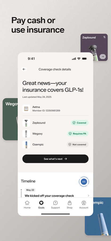 Ro: Online Healthcare - L'app offre chiarezza finanziaria, mostrando chiaramente il messaggio "Great news—your insurance covers GLP-1s!" e il dettaglio della copertura per farmaci specifici come Zepbound e Wegovy, facilitando la comprensione delle opzioni di pagamento.